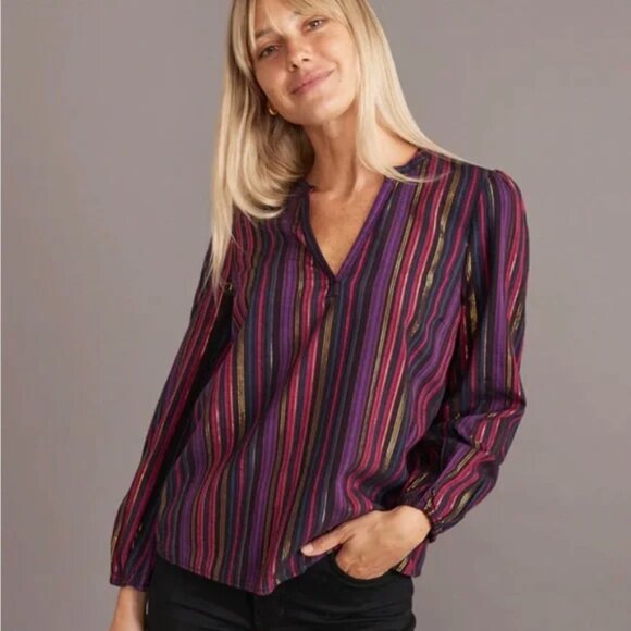 Marine Layer Jamie Blouse Top Banded Collar Popover Lurex Multi Stripe size XS - Picture 2 of 12